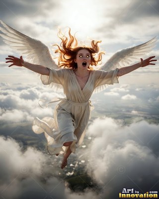 A woman with wings falls backward through the sky, bright white light shining behind her clouds