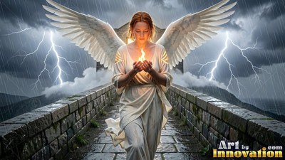 Facing forward on a stone bridge, a woman sporting wings in white holds a small fire