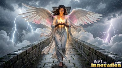 A woman with wings in a plain white dress walks along a stone bridge in the rain holding fire