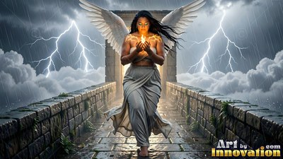 On a stone bridge between lightning bolts, a winged woman cups a small flame