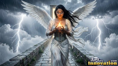 Holding fire in her hands, a woman with wings walks a stone path in the rain