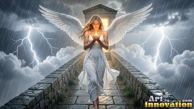Winged woman wearing a white dress walking down a stone path in the rain