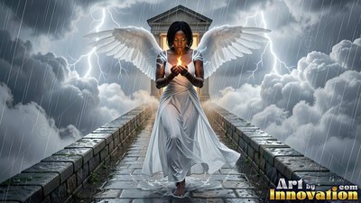 Wearing a white gown, a woman with wings crosses a stone bridge in a lightning storm