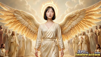 A young woman spreads large feathered wings beneath a ring of warm yellow light
