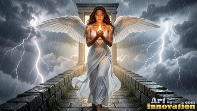 Walking forward on a stone bridge, a woman with wings cups a flame in the rain