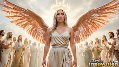 A blond woman in a tan dress spreads wide feathered wings before a crowd