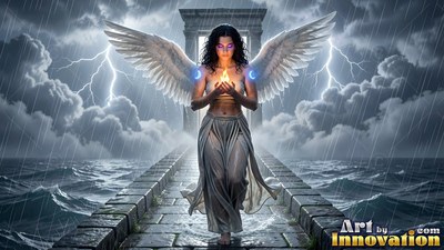 On a stone pier in a stormy sea, a woman with wings cups a flame in her hands