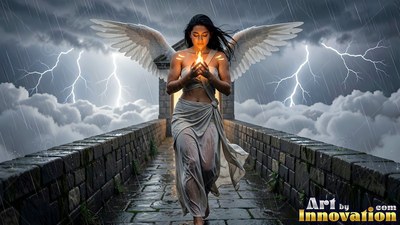 Holding a flame in her hands, a winged woman walks along a wet stone bridge in the rain