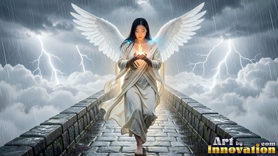Winged woman in a white robe walking on a stone path in the rain