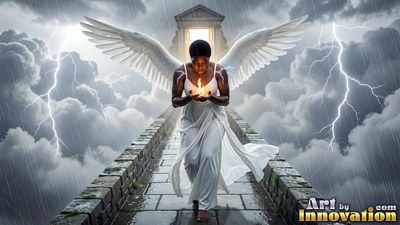 Draped in a dress in white, a woman with wings cups a flame on a stone bridge in a storm