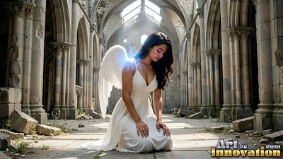A woman kneels in a ruined cathedral as a white wing sprouts with blue light