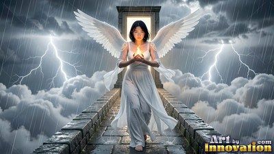 Walking forward on a stone bridge, a woman sporting wings in white holds light in a storm