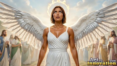 Before a crowd of people, a winged woman in a white dress looks up at a halo