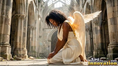 Kneeling on stone, a winged Black woman in dress in white prays inside a ruined cathedral