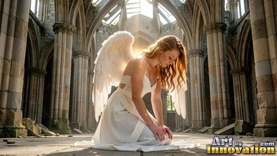 In a white dress with feathered wings, a woman kneels inside a ruined stone church in the sunlight