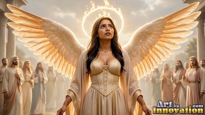 A woman with wings looks up with a ring of fire above her head in bright warm light