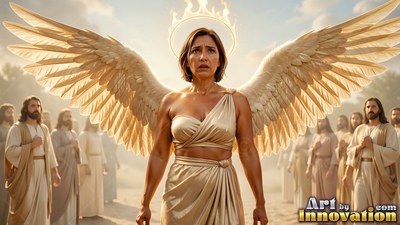Facing forward in the desert, a winged woman spreads large pale wings