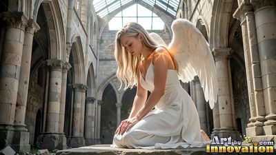 In ruined stone cloisters, a woman with wings kneels in a white gown under sunlight