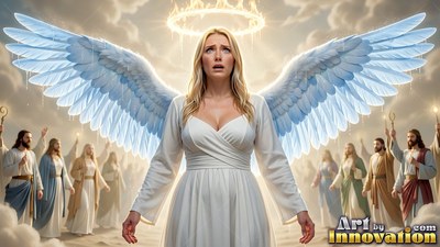 Looking upward with spread blue wings, a blond woman dressed in a light white dress stands before a crowd