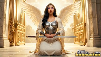 Winged woman in armor kneeling with a sword before gold gates