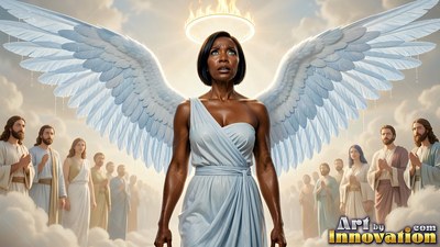 A woman in a light blue one-shoulder dress spreads white wings in the bright clouds