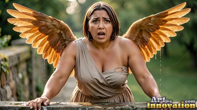 A shocked woman leans forward outdoors with wet brown wings spread wide
