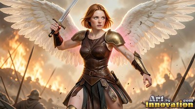 Holding a raised sword, a woman with wings in brown armor stands before a smoky battlefield
