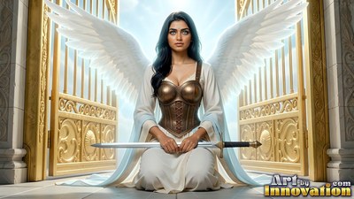 A winged woman kneels with a sword before golden gates