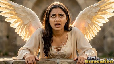 A woman with wings looks up in fear over a stone wall in warm sunlight