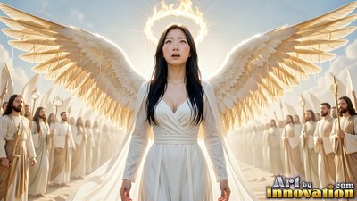 Standing front and center, a woman with wings in white looks up before a crowd