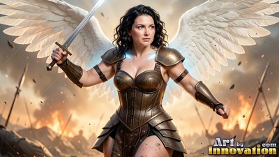 On a smoky battlefield, a winged woman in bronze armor raises a sword
