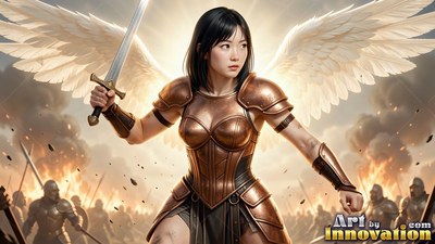 Holding a sword, a woman sporting wings in bronze armor stands on a smoky battlefield