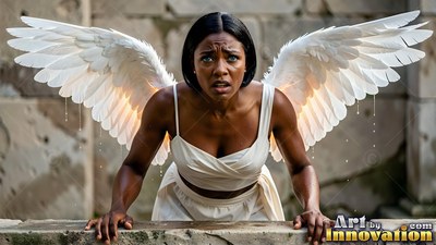 A winged woman leans forward with wide eyes, soft warm light shining behind her white feathers