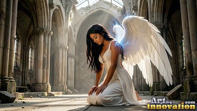 A woman in plain white dress kneels in a ruined stone church as white wings sprout