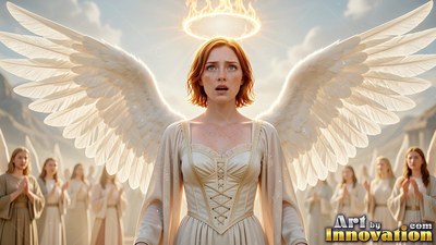 Under a bright sky, a red-haired woman spreads white wings under a ring of fire