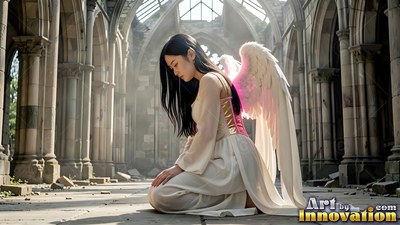 Kneeling in a ruined stone church, a winged woman rests in a white dress