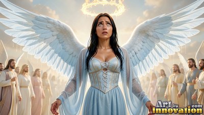 Woman in a blue dress with white wings and a halo