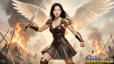 Leather armor wraps a woman sporting wings raising her sword over a smoky battlefield