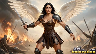 A woman with wings holds a sword on a battlefield lit by fires in orange smoke