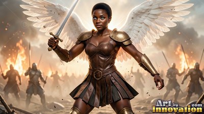 A winged Black woman in armor raises a sword on a smoky battlefield