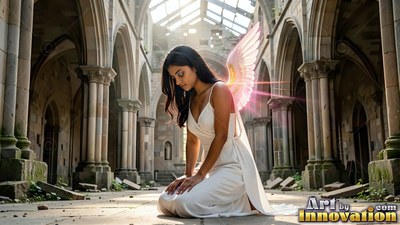 In a ruined stone cathedral, a winged woman kneels in a white dress