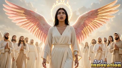 Spreading pink feathered wings, a woman wearing a white robe looks up toward a bright halo