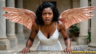 A startled woman in a white gown leans forward with pink feathered wings