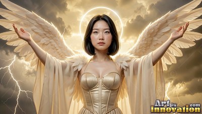 Under stormy skies with lightning, a winged woman raises her arms in a gold corset