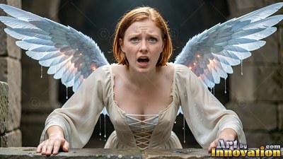 Leaning forward, a red-haired woman in a cream dress spreads light blue wings