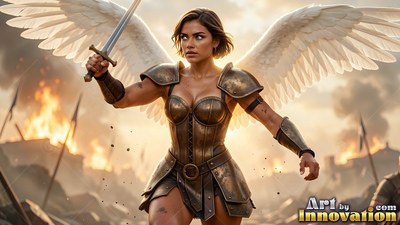 A winged woman in bronze armor raises a sword on a battlefield