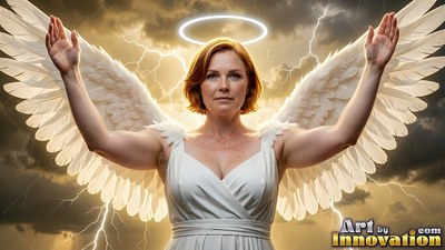 A woman wearing a white gown raises her hands with white wings under a stormy sky with lightning