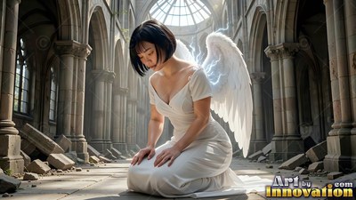 A woman kneels in a ruined stone hall as white wings sprout with pale blue light