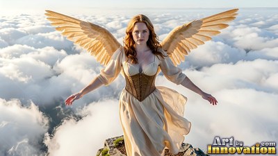 Standing high above clouds, a woman with wings in a corset spreads her arms wide