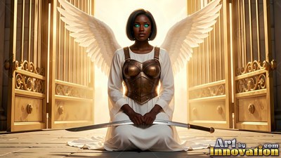 A winged Black woman in armor kneels with a sword before golden gates